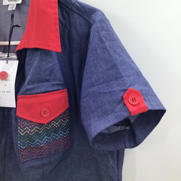 Fabulous Retro Denim Romper Women's 2X Rainbow LGBTQ+ Pride Red Contrast Cuffs - Picture 8 of 12